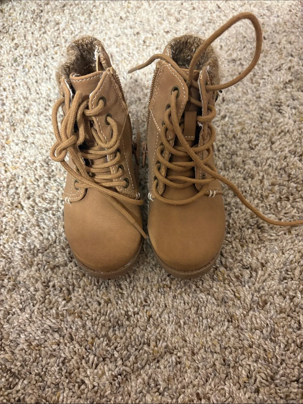 Kids Tan Lace-Up Faux-Fur Winter Boots